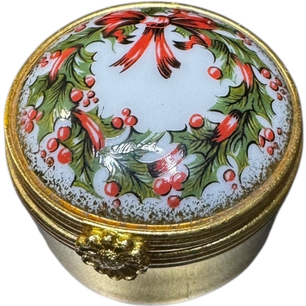 L'Artoria Limoges France Trinket Box Christmas Holly Wreath Bow Gold Tone Hinged